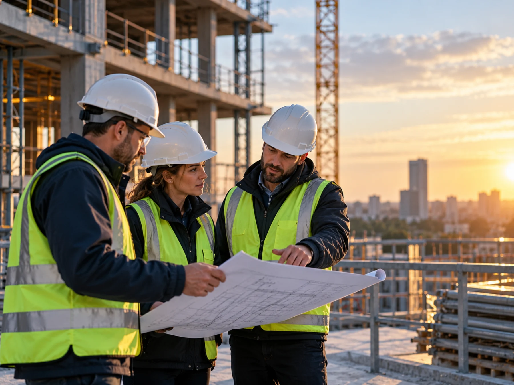 Construction professionals reviewing plans together at sunset
